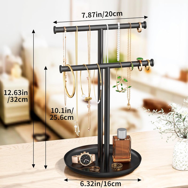 Jasopaco Necklace Rack Stand with Storage Tray - 2 Rods T-Shaped Jewelry Holder Stand for Bracelets, Earrings, Rings | Elegant Vanity & Dresser Top Storage for Women, Black. - Image 5